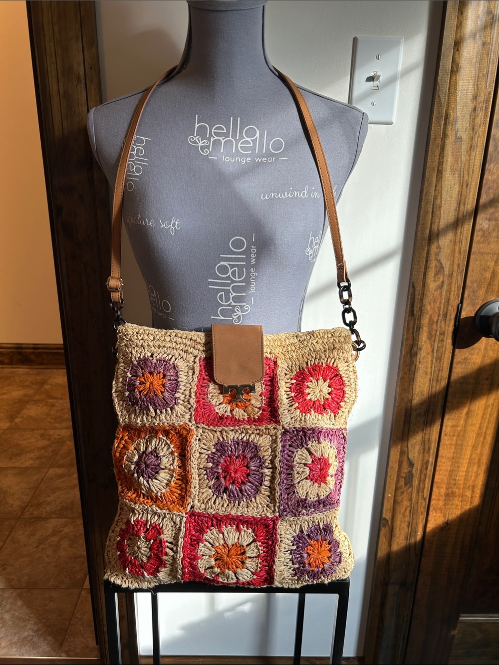 Tory Burch Crochet Patchwork Shoulder Bag in Natural with Pink & Orange Accents